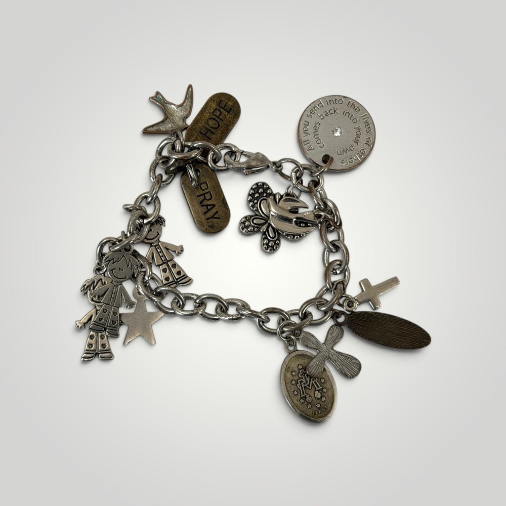 Vintage Religious Charm Bracelet Miraculous Medal Italy Hope Pray Cross Silver